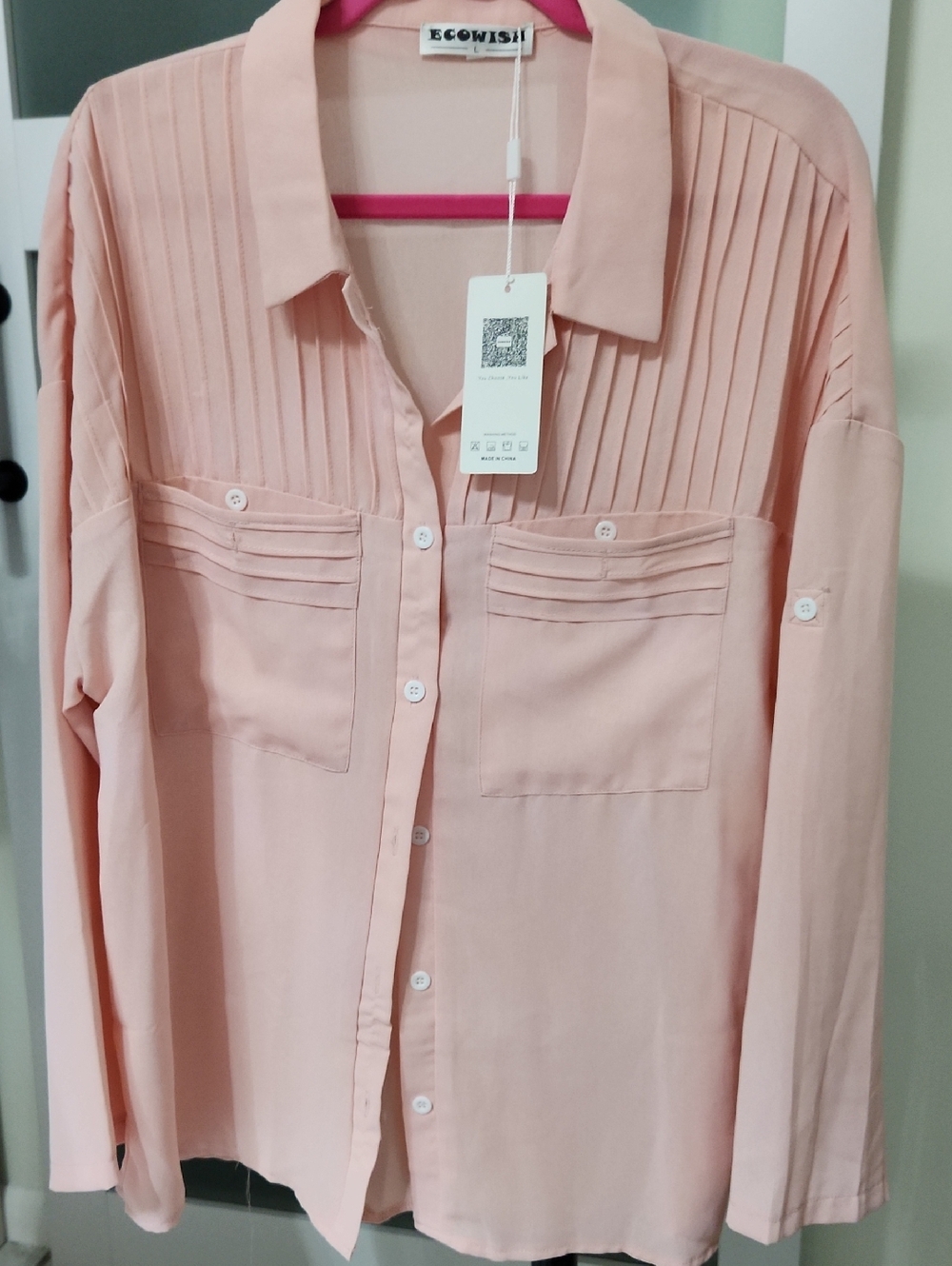 Wish Blush Pink Pleated Yoke Button-Up Blouse